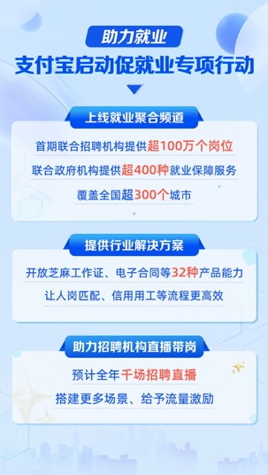 支付宝上线就业聚合频道：联合政府机构提供400种就业保障服务